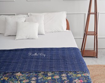 Navy Blue Floral Printed Kantha Quilt Queen Pure Cotton Kantha Throw Blanket Kantha Bedspread Coverlet Kantha Bed Cover Boho Quilt