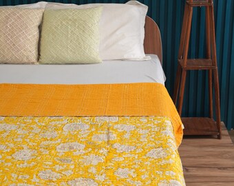 Yellow Floral Minimalist Printed Kantha Quilt Queen Pure Cotton Kantha Throw Blanket Kantha Bedspread Coverlet Kantha Bed Cover Boho Quilt