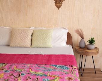 Roze Pauw Gedrukt Kantha Quilt Queen Puur Katoen Kantha Gooi Deken Kantha Sprei Dekbed Kantha Bed Cover Boho Quilt