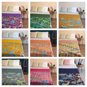 May include: Nine colorful bedspreads with bird and floral designs are displayed on beds. The bedspreads feature a variety of colors, including purple, green, yellow, orange, pink, and blue. Each bedspread has a unique pattern and design.