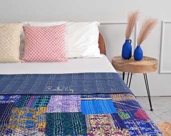 Handmade Silk Patchwork Vintage Kantha Quilt Boho Indian Preloved Silk Sari Kantha Bedspread Throw