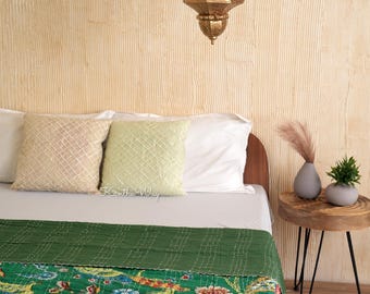 Green Peacock Printed Kantha Quilt Queen Pure Cotton Kantha Throw Blanket Kantha Bedspread Coverlet Kantha Bed Cover Boho Quilt
