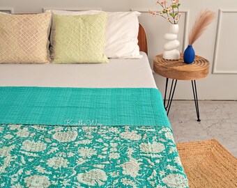 Sage Green Minimalist Kantha Quilt Queen Pure Cotton Kantha Throw Blanket Kantha Bedspread Coverlet Kantha Bed Cover Boho Quilt
