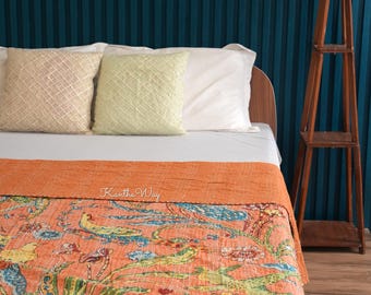 Perzik Pauw Gedrukt Kantha Quilt Queen Puur Katoen Kantha Gooi Deken Kantha Sprei Dekbed Kantha Bedovertrek Boho Quilt
