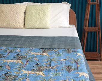 Edredón Kantha con estampado de animales de safari azul, edredón Kantha de algodón puro tamaño Queen, colcha Kantha, cubrecama Kantha, edredón bohemio