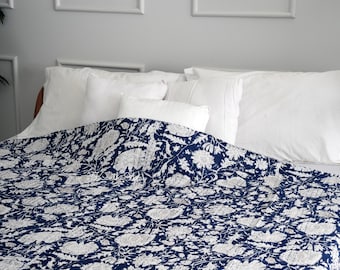 Navy Blue Floral Printed Kantha Quilt Queen Pure Cotton Kantha Throw Blanket Kantha Bedspread Coverlet Kantha Bed Cover Boho Quilt