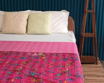 Roze mus en bloemen bedrukt kantha-dekbed koningin puur katoen kantha deken deken kantha sprei deken kantha bedovertrek boho quilt
