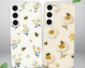 Bumblebee Daisy Floral telefoonhoesje voor Samsung S25 FE, S24, S23, S22, S20, past op Samsung A16, A56, A15, A54, A55, A36, A35, A14, A17