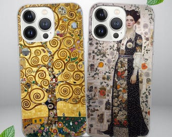 May include: Two phone cases. One features a golden tree design with swirling patterns and a yellow background. The other case displays a portrait of a woman in a long dress with floral and botanical elements.