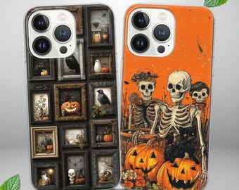 Halloween Skeleton & Pumpkin Phone Case for iPhone 17, 16 Pro Max, 15 Plus, 14, 13, 12, 11, XS for Pixel 10, 9 Pro, 7A, 6, 8 Pro.