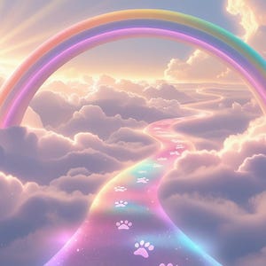Op de afbeelding: Een grillige illustratie toont een regenboog boven een wolkenpad met pootafdrukken. Het pad leidt naar de horizon, tegen een lucht vol pluizige wolken en een heldere zon, wat een dromerige scène creëert.