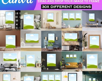 May include: A Canva Canvas Mockup Template image with 30 different designs. The image shows various framed art pieces with a landscape design of a blue sky and green hills. The Canva logo is in the top left corner.