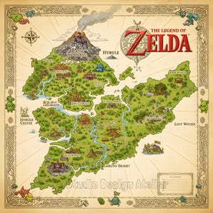 Puede incluir: Un mapa detallado de Hyrule de The Legend of Zelda, con Death Mountain, Hyrule Castle y Lost Woods. El mapa es de estilo vintage con un borde decorativo y el título "The Legend of Zelda" en rojo. El mapa incluye el texto "Studio Design Atelier".