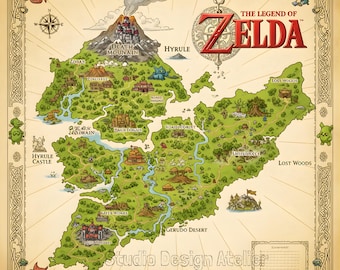 Zelda Hyrule Map Poster: Vintage Style Game Art (Digital Download)