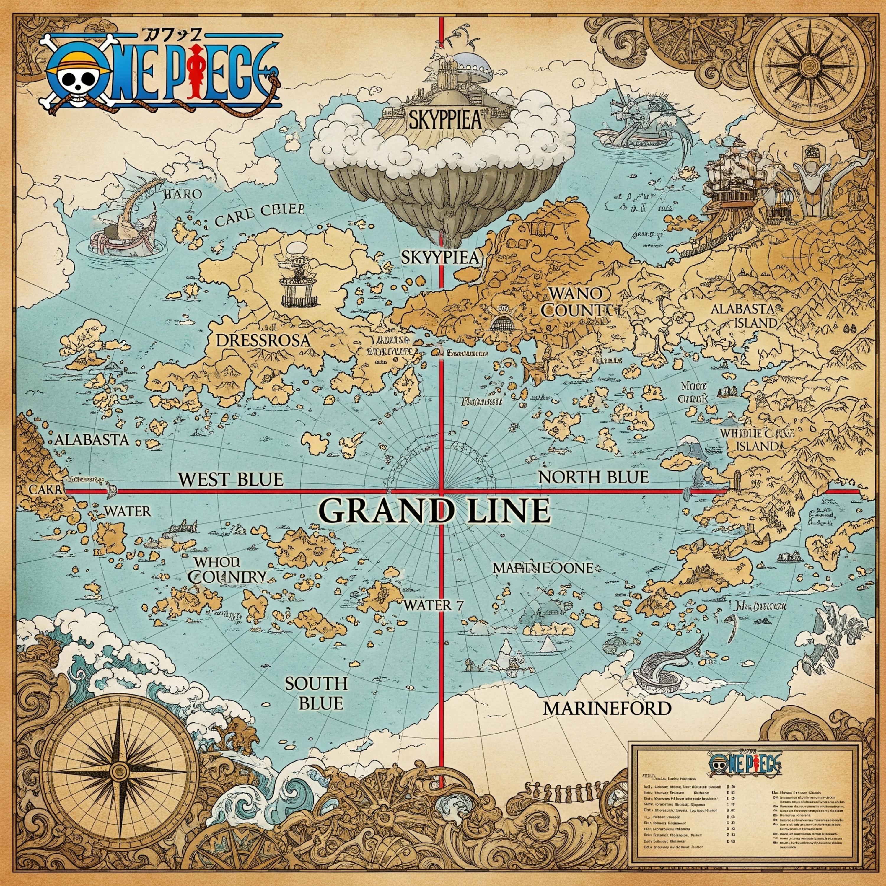 ワンピースの世界地図アニメポスター：カラフルなマンガファンアート