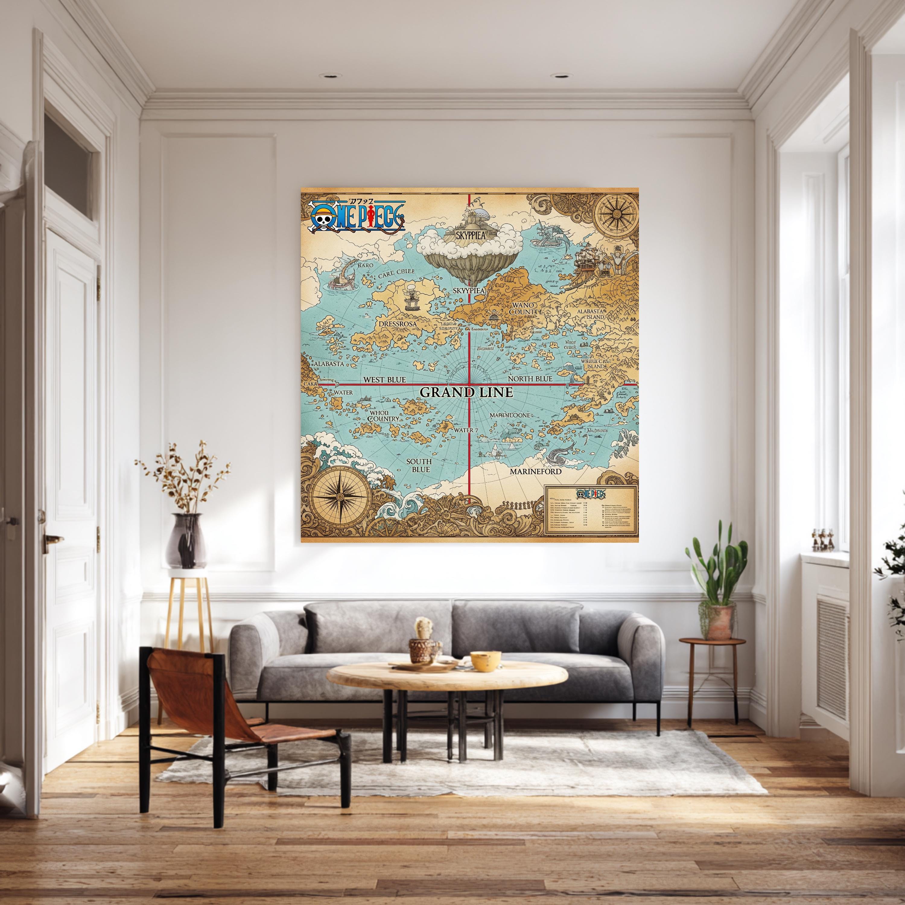 ワンピースの世界地図アニメポスター：カラフルなマンガファンアート