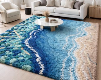 Hand Tufted Ocean Beach Wool Rug - Coastal Abstract Blue Area Carpet