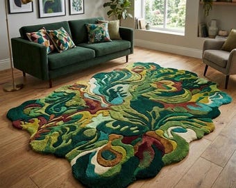 Organic Modern Abstract Green Hand Tufted Wool Rug - irregular shape living room decor