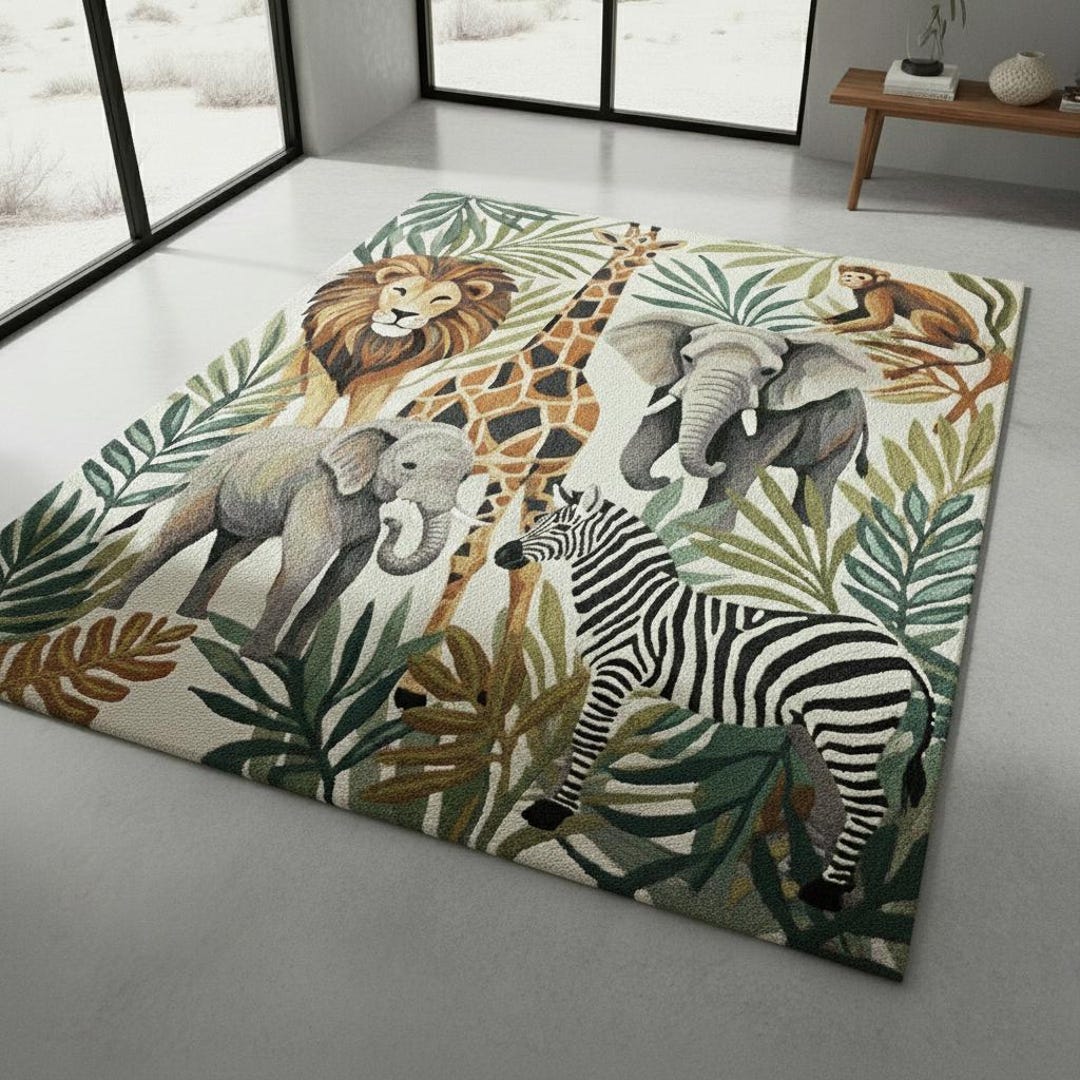 Hand Tufted Jungle Safari Animal Rug – Carpet With Lion, Elephant ...