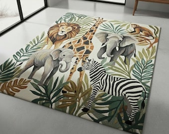 Hand Tufted Jungle Safari Animal Wool Rug - Kids Nursery Living Room Decor