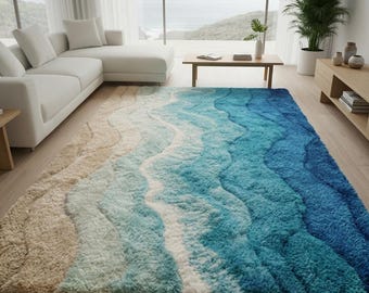 Hand Tufted Wool Area Rug Modern Coastal Living Room Rug Ocean Design Carpet Decor