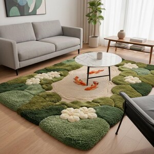 High-quality wool koi pond rug styled under a round marble coffee table in a contemporary living room. Large green area rug with 3D floral and fish elements. Soft, plush floor covering for cozy home vibes. Durable cotton backing, luxury artisan rug.