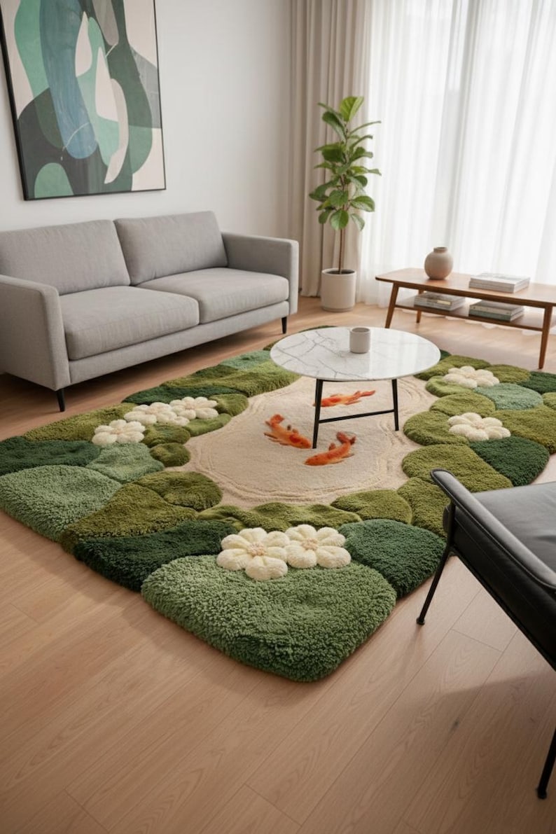 High-quality wool koi pond rug styled under a round marble coffee table in a contemporary living room. Large green area rug with 3D floral and fish elements. Soft, plush floor covering for cozy home vibes. Durable cotton backing, luxury artisan rug.