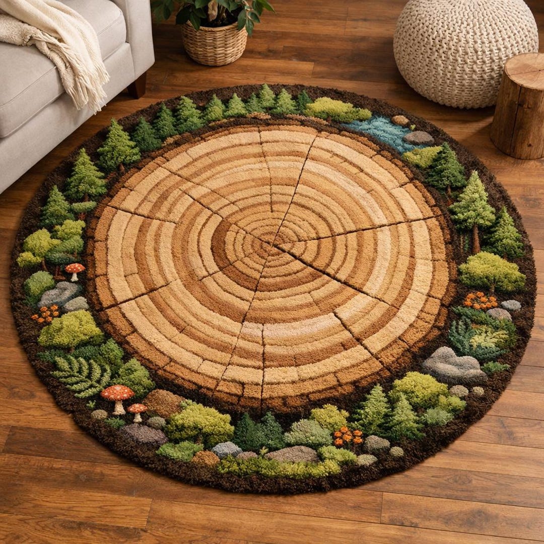 Tree Branch Rugs Forest Tree Ring Hand Tufted Wool Rug - Round Woodland Nature Decor ...