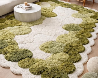 Hand Tufted Organic Moss Rug - Green White Abstract Wool Modern Living Room Carpet