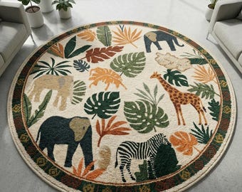 Safari Jungle Animals Round Hand Tufted Wool Rug - Kids Nursery Playroom Boho Area Carpet