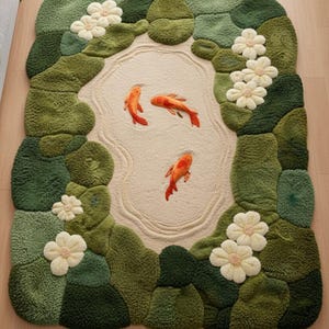 Professional product shot of a 10-foot long green pond rug. Features realistic koi fish embroidery and 3D tufted lily pads and flowers. Earthy tones of forest green, olive, and sage. Ideal statement piece for a nature-themed nursery or master suite.