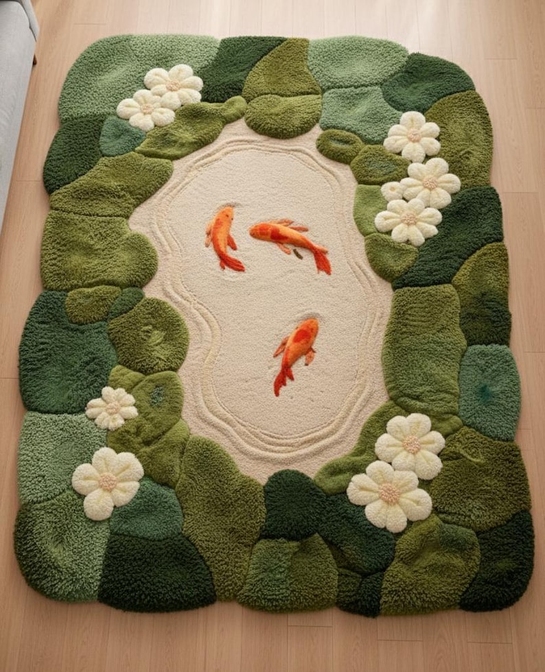 Professional product shot of a 10-foot long green pond rug. Features realistic koi fish embroidery and 3D tufted lily pads and flowers. Earthy tones of forest green, olive, and sage. Ideal statement piece for a nature-themed nursery or master suite.
