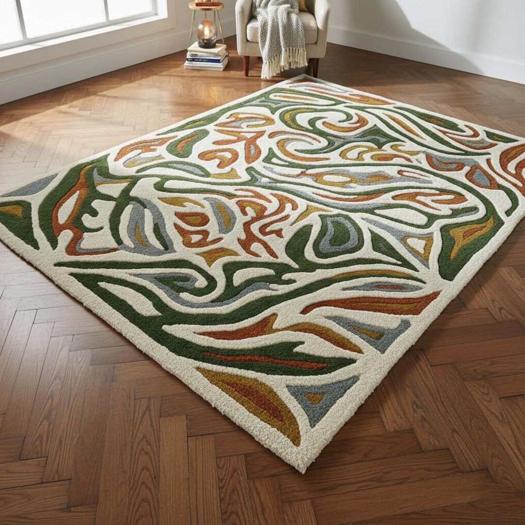 Hand Tufted Abstract Earth Tone Wool Rug Modern Swirl Living Room ...