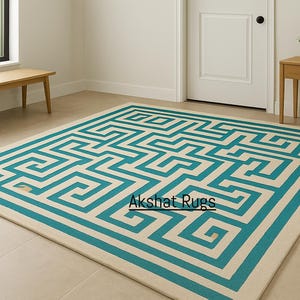 Hand-Tufted Wool Area Rug: Teal Beige Abstract Geometric Design