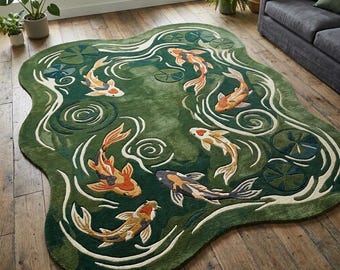 Hand Tufted Koi Fish Rug Organic Shape Wool Area Carpet - Japandi Zen Living Room