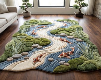 Alfombra de lana tejida a mano con diseño de estanque de carpas koi, alfombra orgánica de área irregular, alfombra de jardín zen japonés.