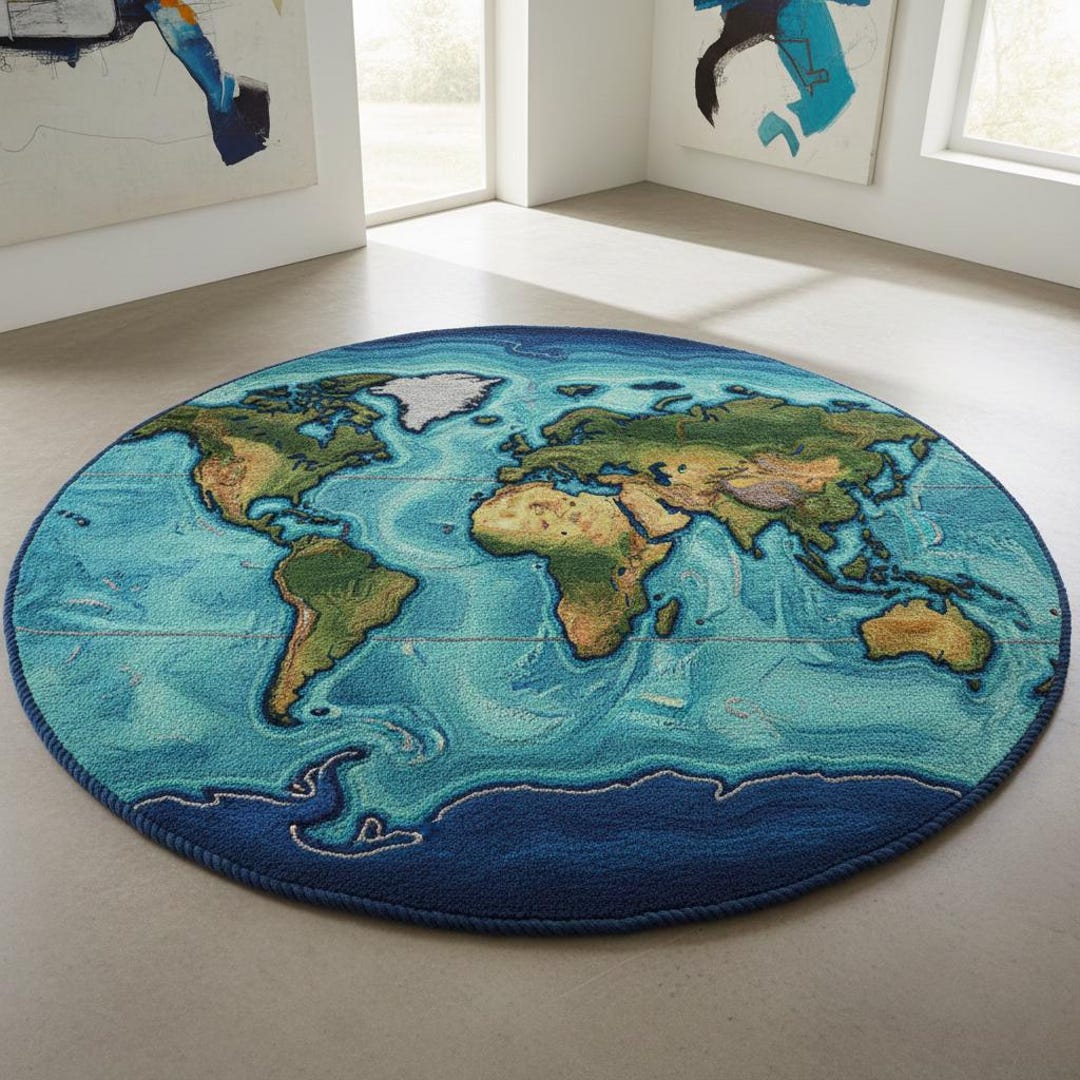Hand Tufted World Map Round Rug – Handmade Wool Globe Carpet, Modern ...