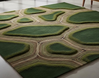 Hand Tufted Moss Green Wool Area Rug 3D Terrain Modern Nature Inspired Decor