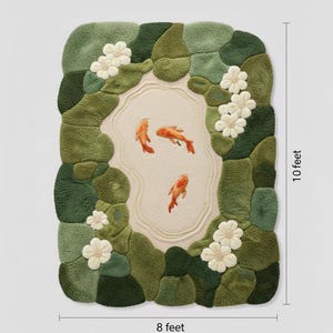 Product specification image for koi pond rug. Dimensions 8 feet by 10 feet. Labels indicate 100% pure soft natural wool pile and cotton backing. Color palette shows shades of green, cream, and orange. Icons for high pile and low pile texture zones.