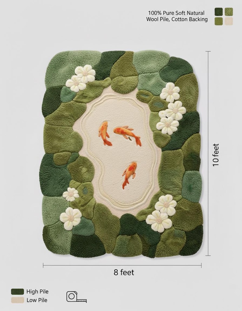 Product specification image for koi pond rug. Dimensions 8 feet by 10 feet. Labels indicate 100% pure soft natural wool pile and cotton backing. Color palette shows shades of green, cream, and orange. Icons for high pile and low pile texture zones.