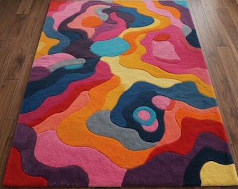 Hand Tufted Abstract Colorful Wool Rug - Modern Artistic Area Carpet Vibrant Living Room Decor