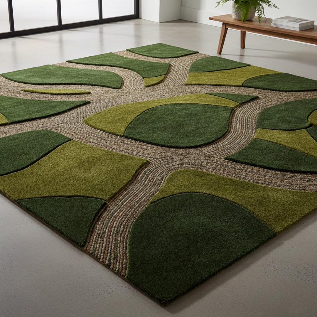 Abstract Green Landscape Hand Tufted Wool Rug Modern Organic Art Carpet ...