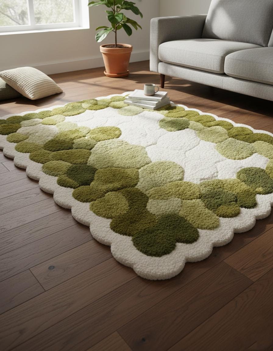 Hand Tufted Organic Moss Rug - Green White Abstract Wool Modern Living ...