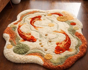 Koi Fish Rug Hand Tufted Wool Rug - Japanese Pond Shape Japandi Decor Carpet