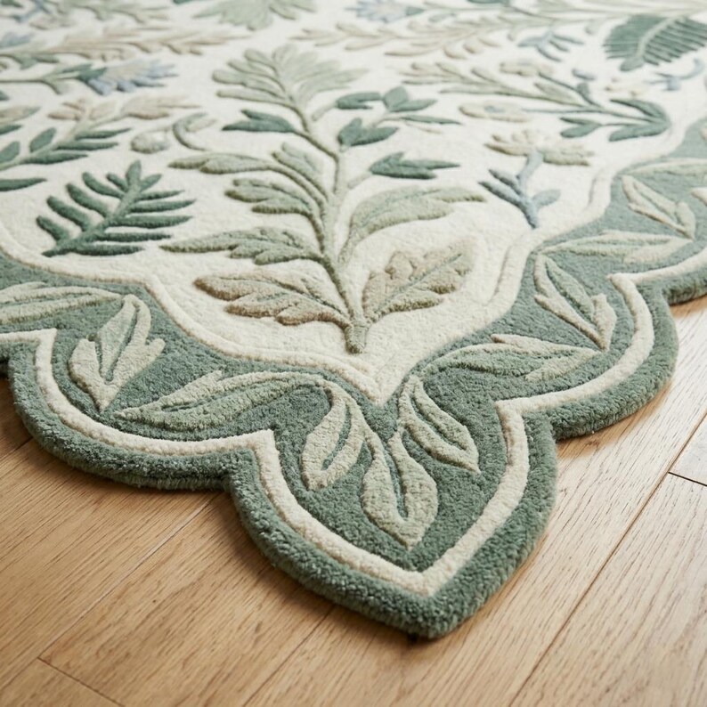 Hand Tufted Wool Rug Botanical Green Floral Area Carpet - Organic Shape ...