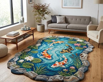 Hand Tufted Wool Koi Pond Area Rug - Modern Living Room Rug Nature Inspired