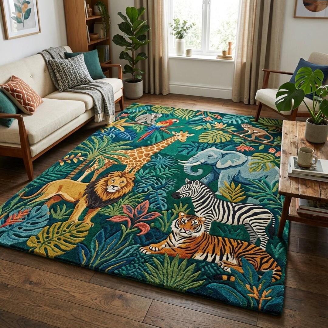Display Animal Rug Hand Tufted Jungle Animal Wool Rug - Safari Nursery Decor Colorful ...