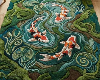 Hand Tufted Wool Area Rug  - Living Room Rug Modern Koi Pond Design