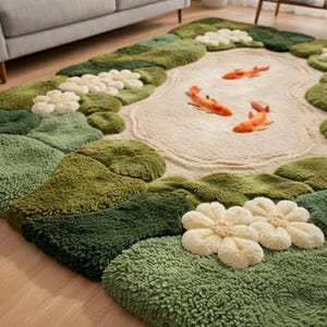 Close up detail of 3D tufted koi pond rug showing high pile wool texture. Features raised white flowers, orange koi fish, and variegated shades of moss and sage green. 100% natural wool pile with cotton backing. Luxurious tactile floor art for bedroom.