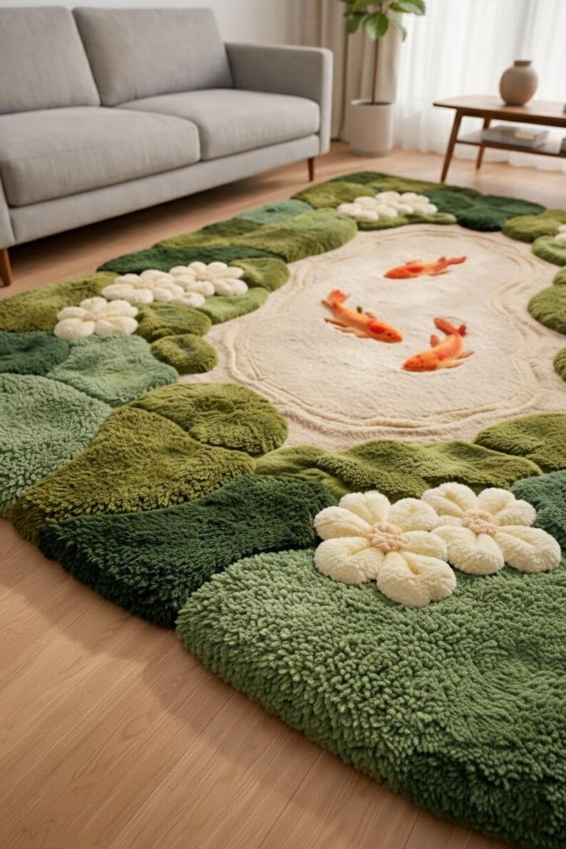 Close up detail of 3D tufted koi pond rug showing high pile wool texture. Features raised white flowers, orange koi fish, and variegated shades of moss and sage green. 100% natural wool pile with cotton backing. Luxurious tactile floor art for bedroom.